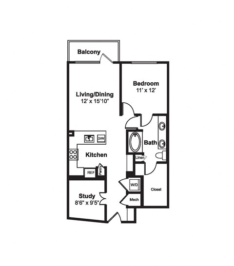 Floor plan for 1 bed, 1 bath, 887 sqft